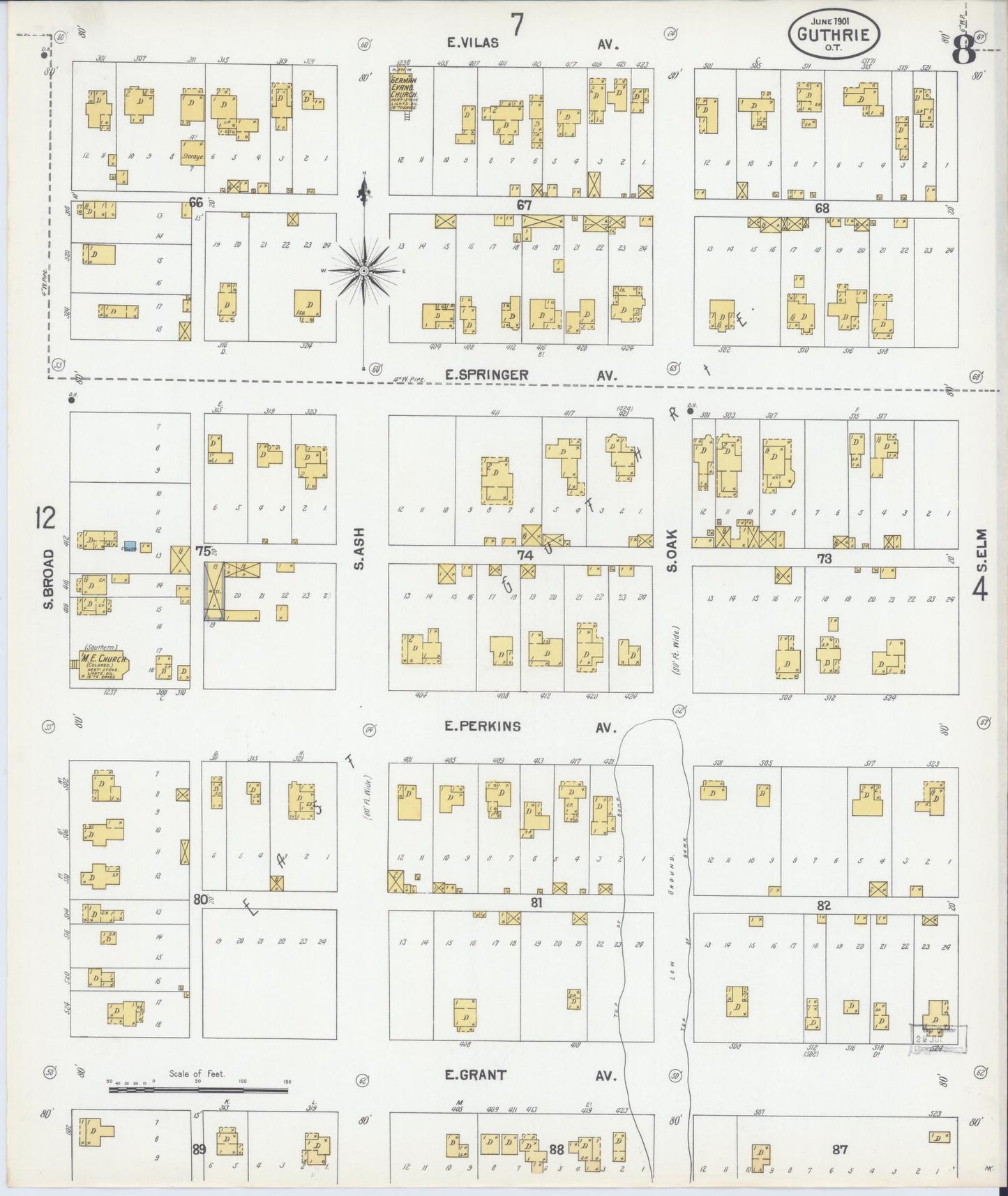 Sanborn Fire Insurance Map from Guthrie, Logan County, Oklahoma (1901), Sheet #0008 - Historic Sanborn Fire Insurance Map Print, vintage old map wall art, antique decor, genealogy gift, Oklahoma Oklahoma map
