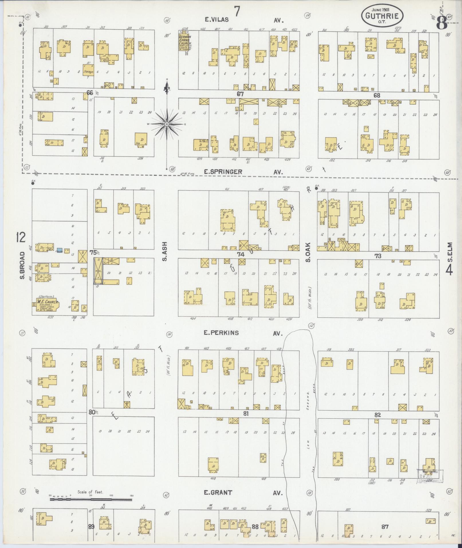 Sanborn Fire Insurance Map from Guthrie, Logan County, Oklahoma (1901), Sheet #0008 - Historic Sanborn Fire Insurance Map Print, vintage old map wall art, antique decor, genealogy gift, Oklahoma Oklahoma map