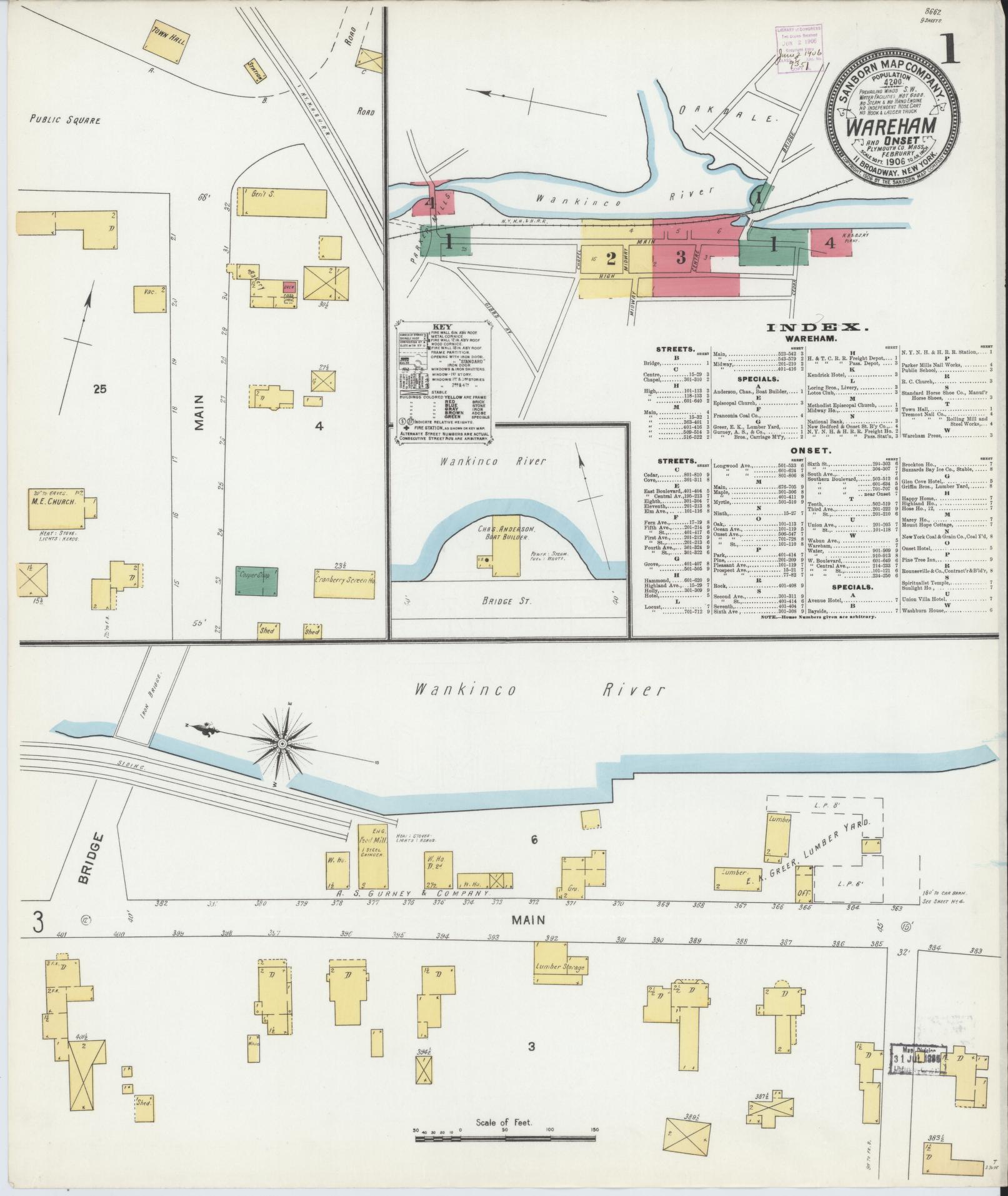 Sanborn Fire Insurance Map from Wareham, Plymouth County, Massachusetts (1906), Sheet #0001 - Historic Sanborn Fire Insurance Map Print, vintage old map wall art, antique decor, genealogy gift, Massachusetts Massachusetts map