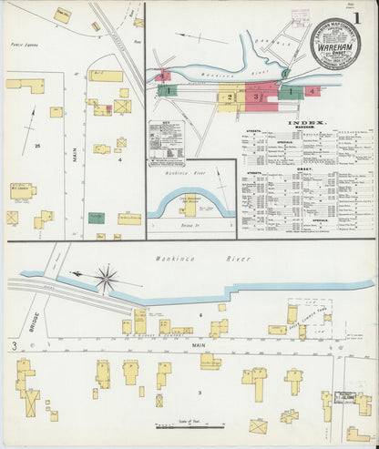 Sanborn Fire Insurance Map from Wareham, Plymouth County, Massachusetts (1906), Sheet #0001 - Historic Sanborn Fire Insurance Map Print, vintage old map wall art, antique decor, genealogy gift, Massachusetts Massachusetts map