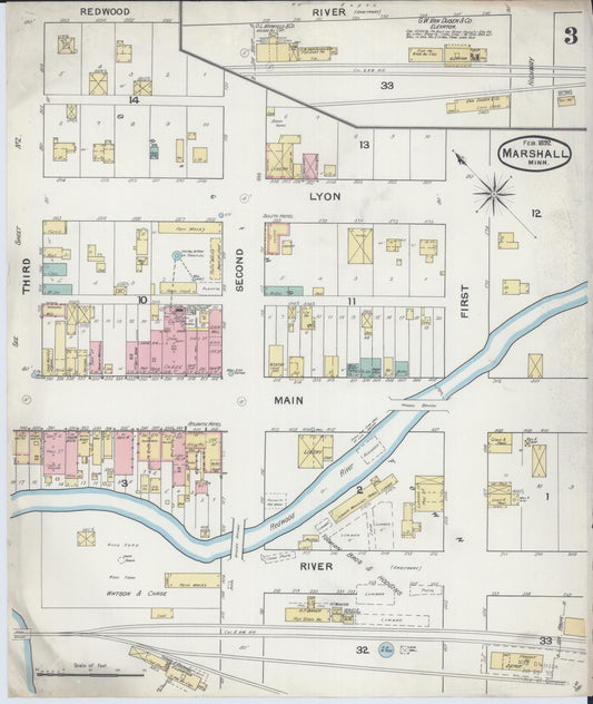 Sanborn Fire Insurance Map from Marshall, Lyon County, Minnesota (1892), Sheet #0003 - Historic Sanborn Fire Insurance Map Print, vintage old map wall art, antique decor, genealogy gift, Minnesota Minnesota map