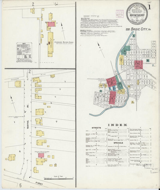 Sanborn Fire Insurance Map from Waynesboro, Independent Cities, Virginia (1907), Sheet #0001 - Complete Map Set gallery image, historic Sanborn map, vintage wall art, Virginia Virginia