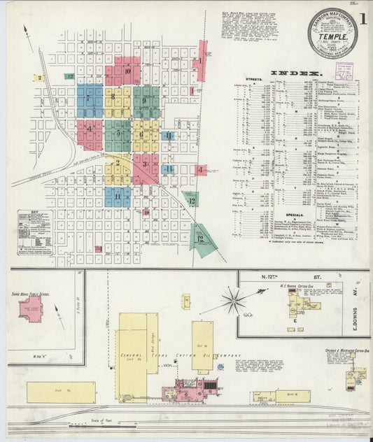 Sanborn Fire Insurance Map from Temple, Bell County, Texas (1905), Sheet #0001 - Complete Map Set gallery image, historic Sanborn map, vintage wall art, Texas Texas