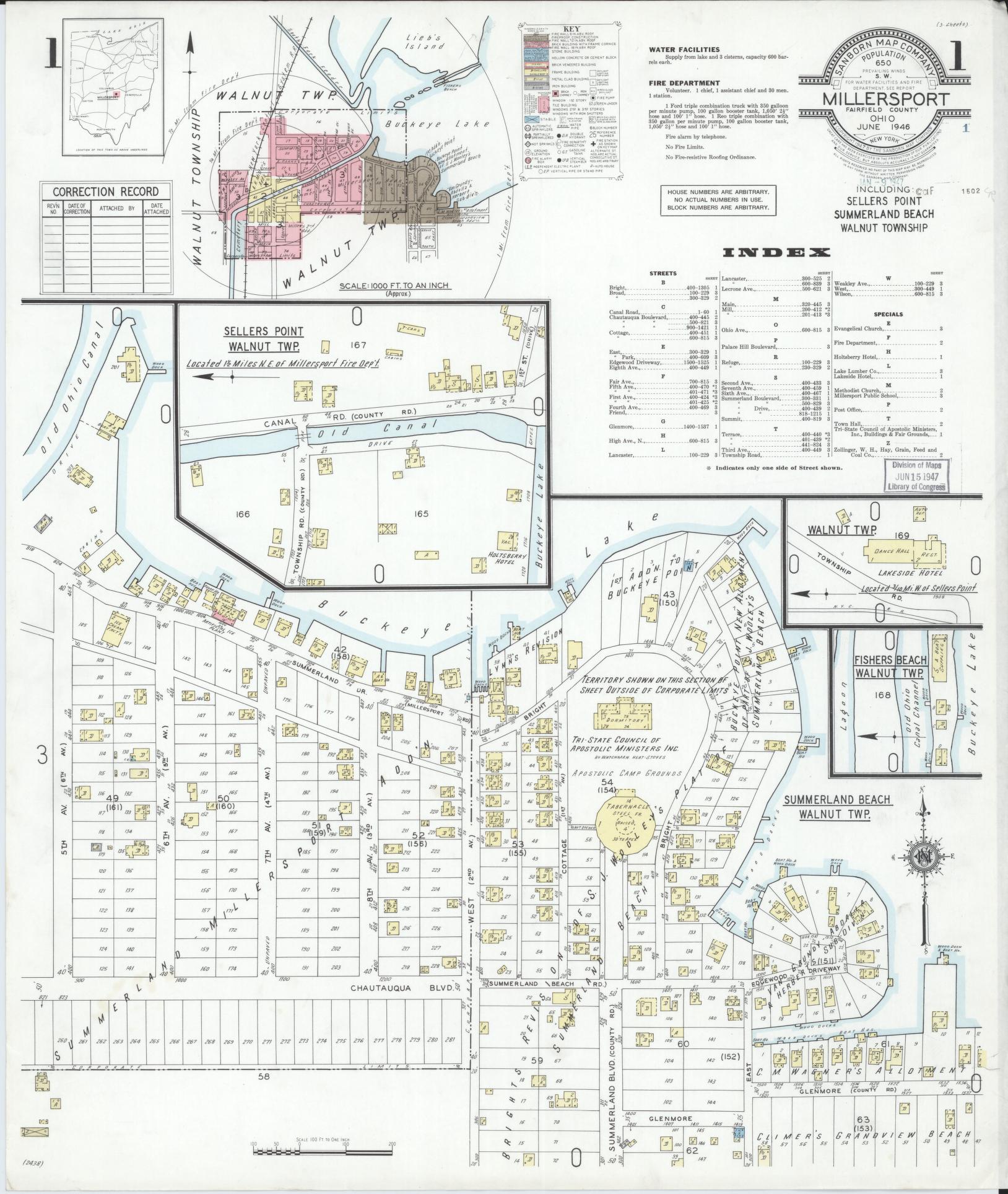 Sanborn Fire Insurance Map from Millersport, Fairfield County, Ohio (1946), Sheet #0001 - Historic Sanborn Fire Insurance Map Print, vintage old map wall art, antique decor, genealogy gift, Ohio Ohio map