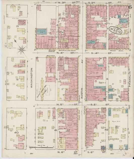 Sanborn Fire Insurance Map from Waco, McLennan County, Texas (1885), Sheet #0006 - Historic Sanborn Fire Insurance Map Print, vintage old map wall art, antique decor, genealogy gift, Texas Texas map