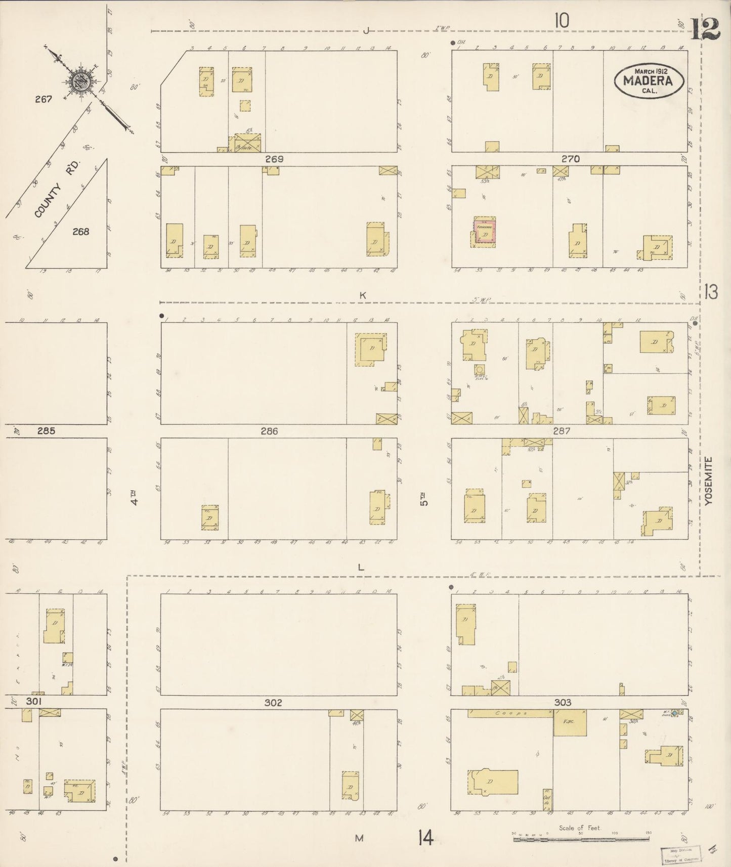 Sanborn Fire Insurance Map from Madera, Madera County, California (1912), Sheet #0012 - Historic Sanborn Fire Insurance Map Print, vintage old map wall art, antique decor, genealogy gift, California California map