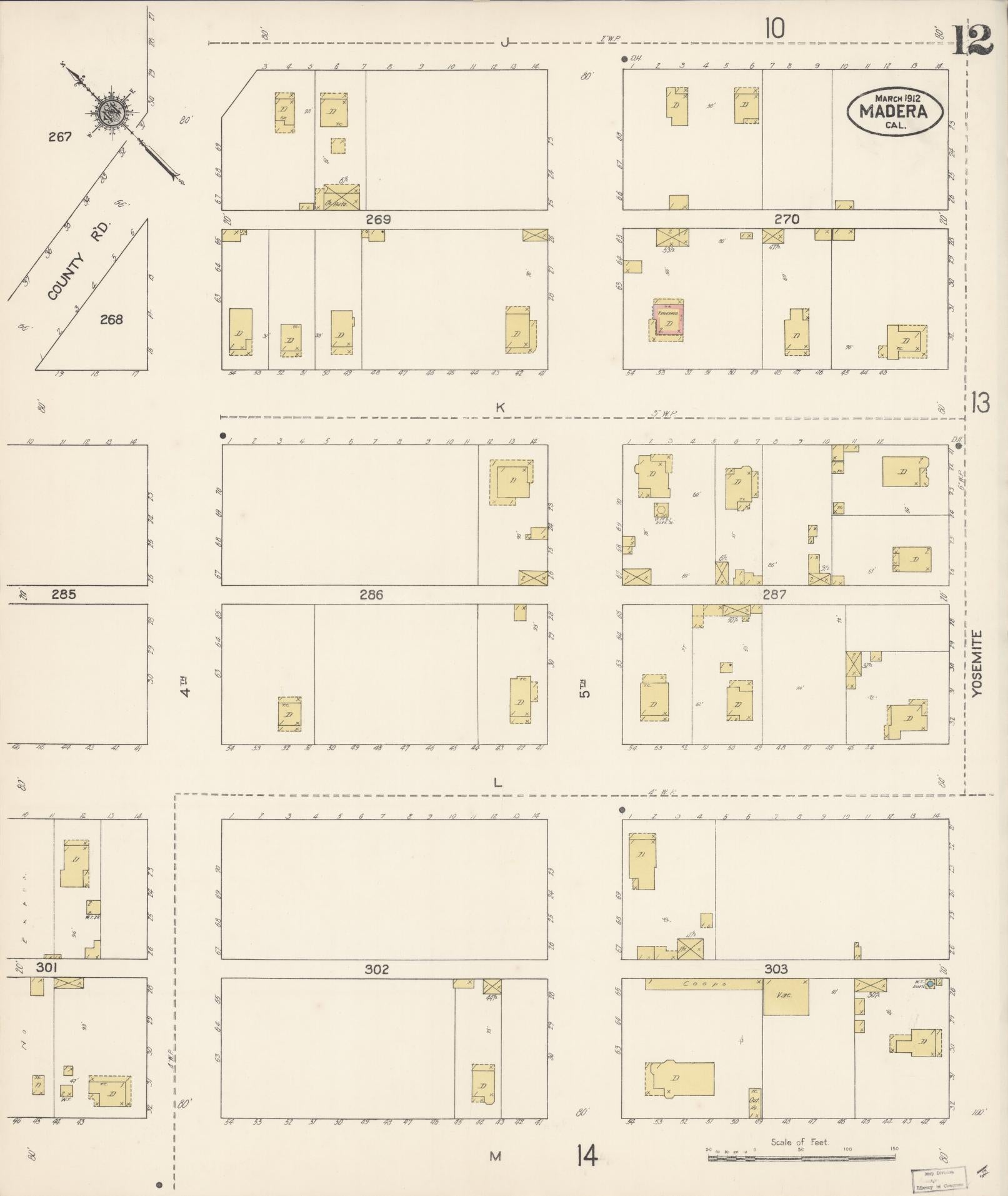 Sanborn Fire Insurance Map from Madera, Madera County, California (1912), Sheet #0012 - Historic Sanborn Fire Insurance Map Print, vintage old map wall art, antique decor, genealogy gift, California California map