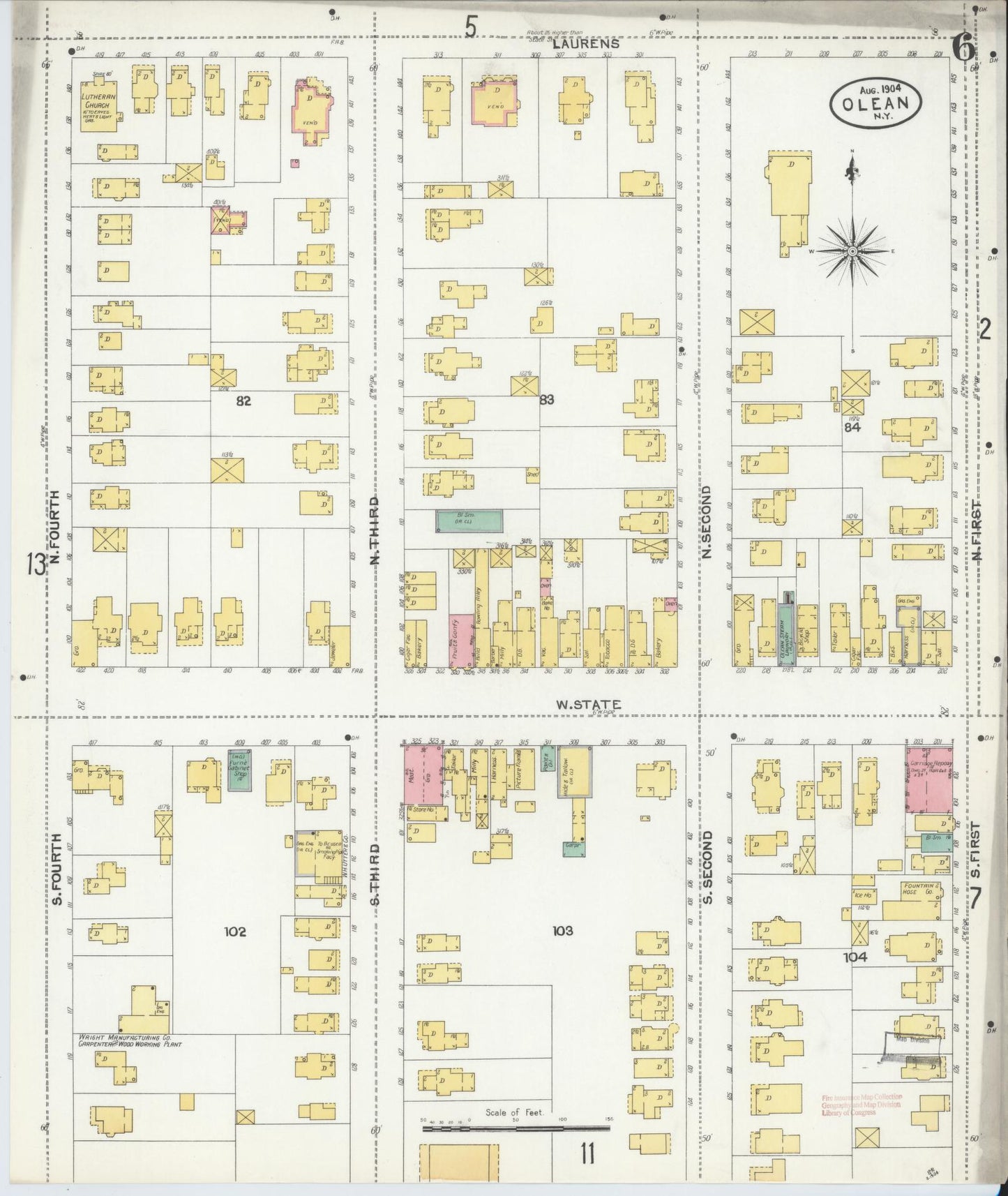 Sanborn Fire Insurance Map from Olean, Cattaraugus County, New York (1904), Sheet #0006 - Complete Map Set gallery image, historic Sanborn map, vintage wall art, New York New York