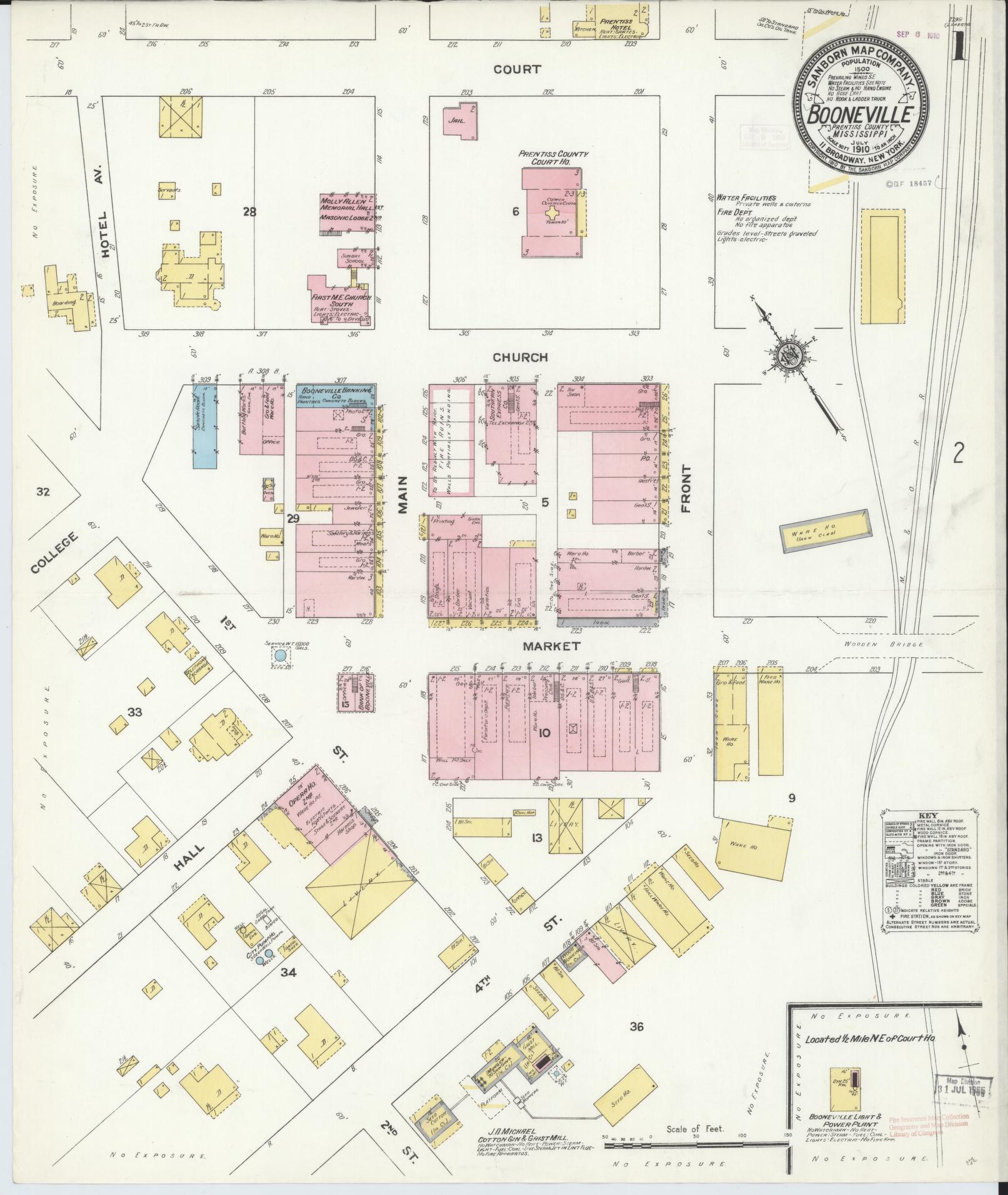 Sanborn Fire Insurance Map from Booneville, Prentiss County, Mississippi (1910), Sheet #0001 - Historic Sanborn Fire Insurance Map Print, vintage old map wall art, antique decor, genealogy gift, Mississippi Mississippi map