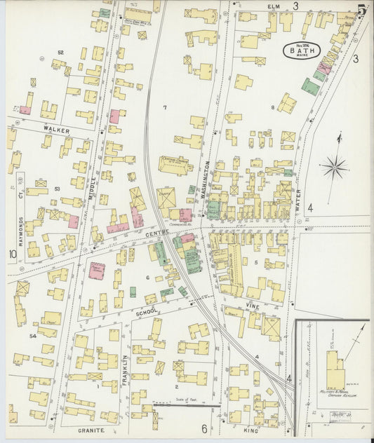 Sanborn Fire Insurance Map from Bath, Sagadahoc County, Maine (1896), Sheet #0005 - Historic Sanborn Fire Insurance Map Print, vintage old map wall art, antique decor, genealogy gift, Maine Maine map