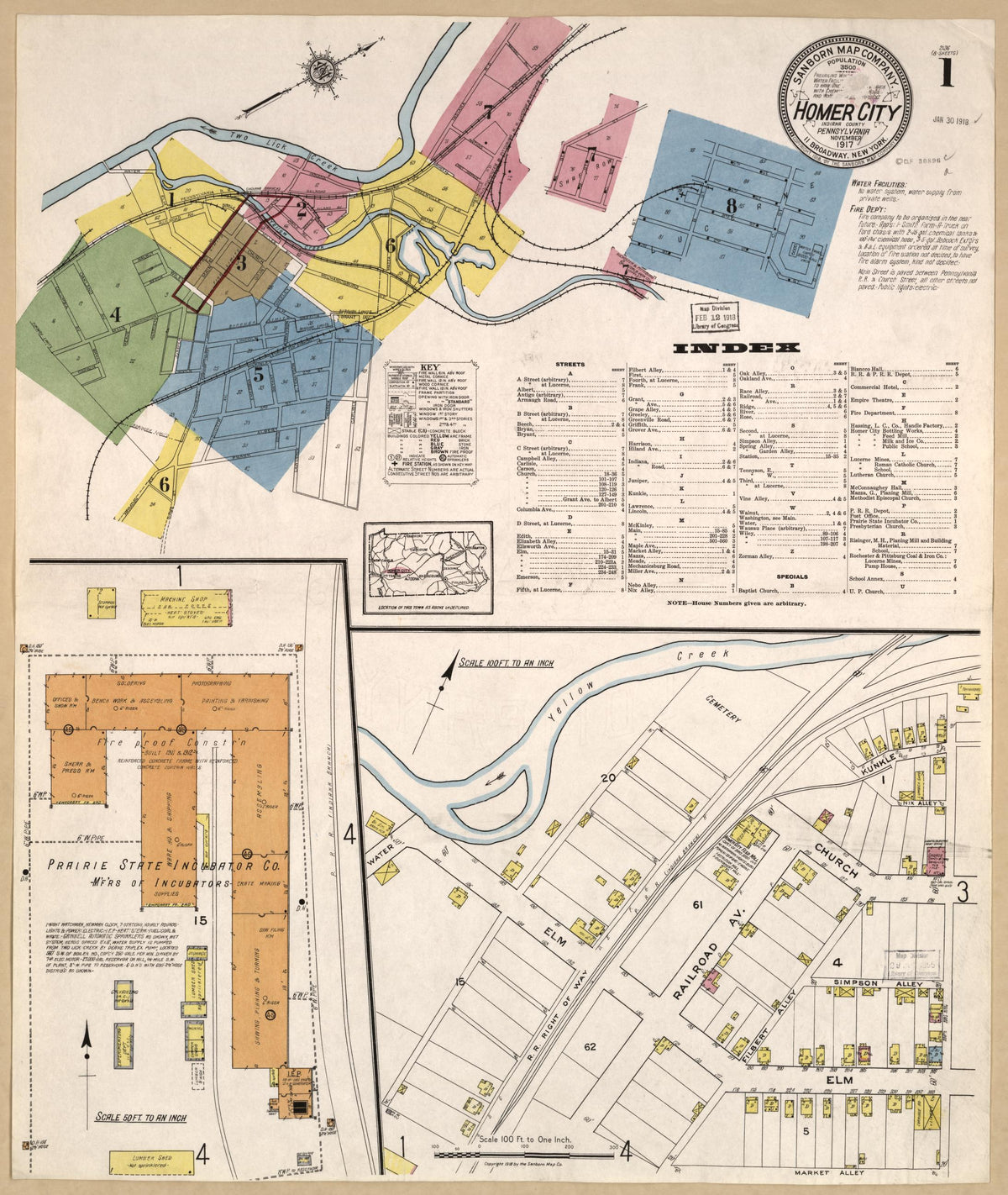 Sanborn Fire Insurance Map from Homer City, Indiana County, Pennsylvania (1917), Sheet #0001 - Historic Sanborn Fire Insurance Map Print, vintage old map wall art, antique decor, genealogy gift, Homer City Indiana map