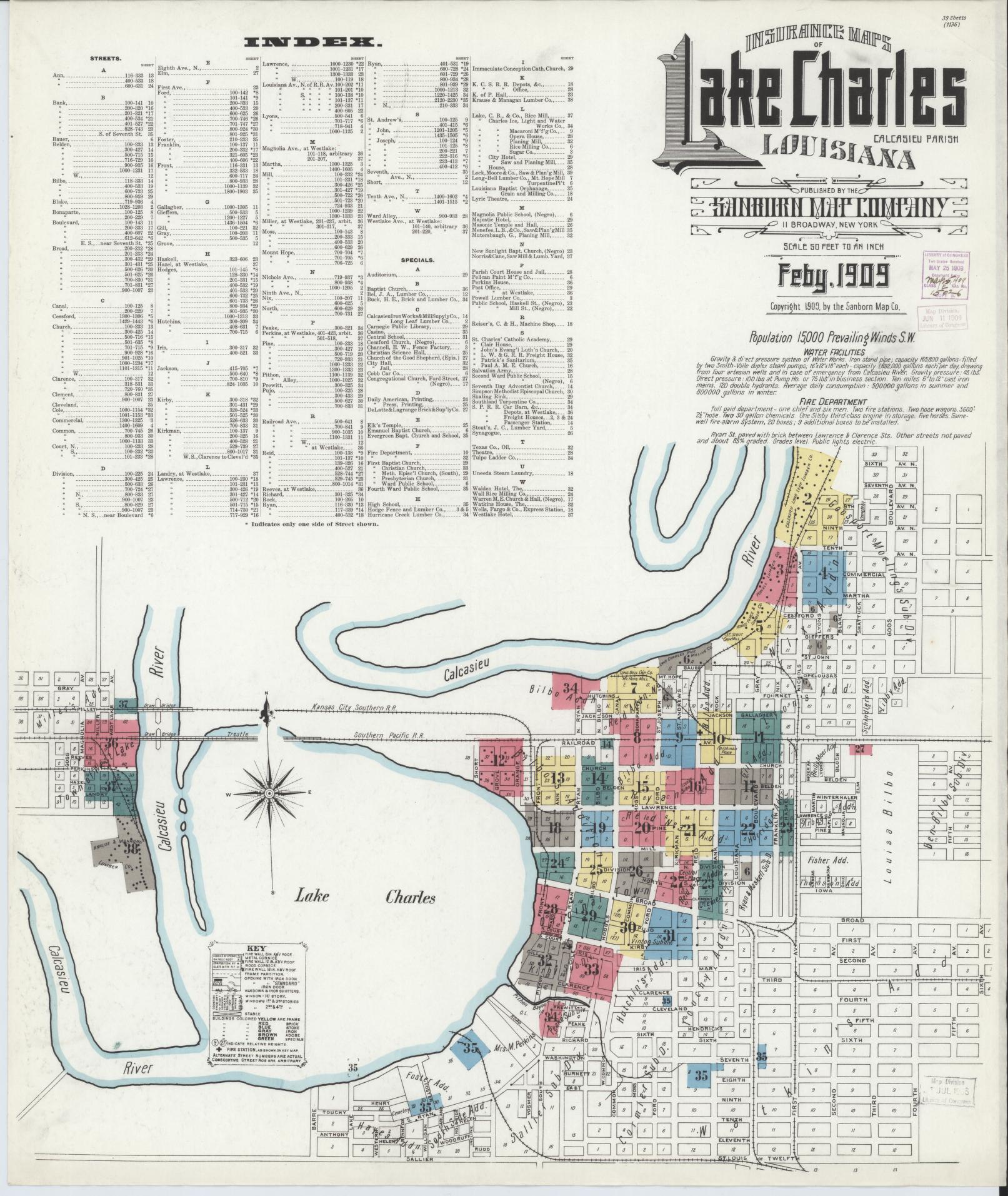 Sanborn Fire Insurance Map from Lake Charles, Calcasieu Parish, Louisiana (1909), Sheet #0001 - Complete Map Set gallery image, historic Sanborn map, vintage wall art, Louisiana Louisiana