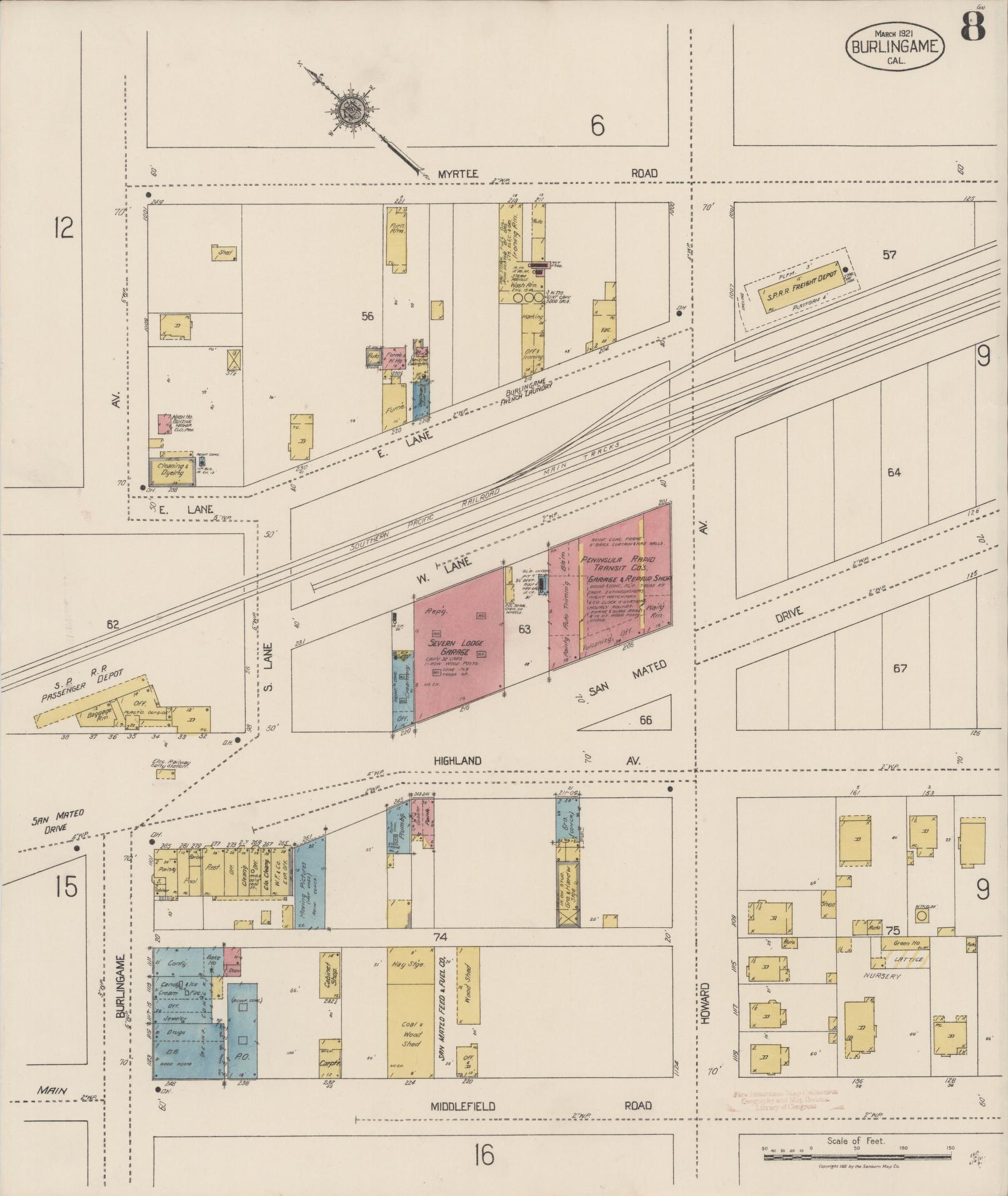 Sanborn Fire Insurance Map from Burlingame, San Mateo County, California (1921), Sheet #0008 - Historic Sanborn Fire Insurance Map Print, vintage old map wall art, antique decor, genealogy gift, California California map