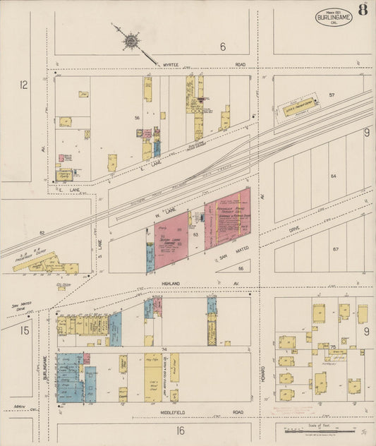 Sanborn Fire Insurance Map from Burlingame, San Mateo County, California (1921), Sheet #0008 - Historic Sanborn Fire Insurance Map Print, vintage old map wall art, antique decor, genealogy gift, California California map