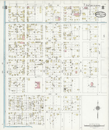 Sanborn Fire Insurance Map from McAllen, Hidalgo County, Texas (1925), Sheet #0008 - Historic Sanborn Fire Insurance Map Print, vintage old map wall art, antique decor, genealogy gift, Texas Texas map