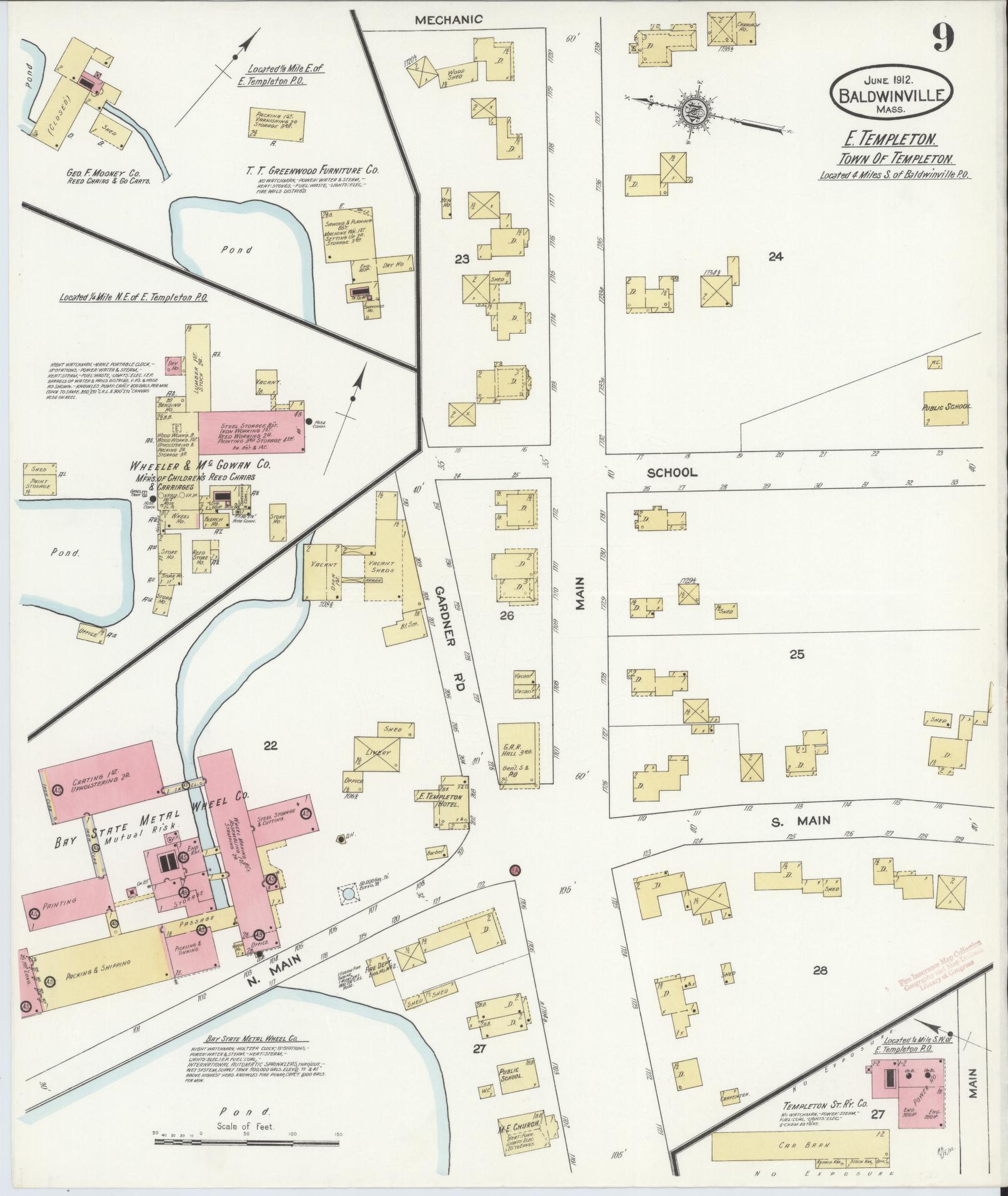 Sanborn Fire Insurance Map from Baldwinville, Worcester County, Massachusetts (1912), Sheet #0009 - Complete Map Set gallery image, historic Sanborn map, vintage wall art, Massachusetts Massachusetts