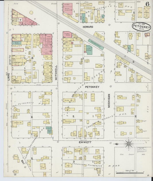 Sanborn Fire Insurance Map from Petoskey, Emmet County, Michigan (1890), Sheet #0006 - Historic Sanborn Fire Insurance Map Print, vintage old map wall art, antique decor, genealogy gift, Michigan Michigan map