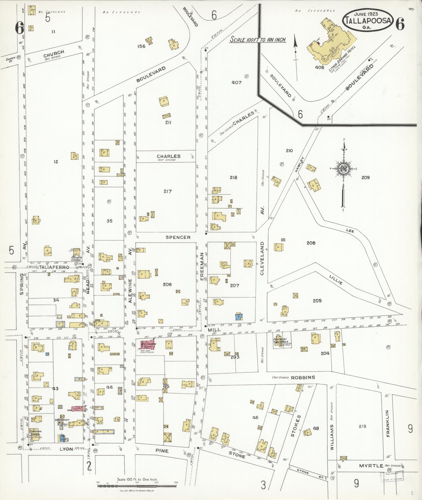 Sanborn Fire Insurance Map from Tallapoosa, Haralson County, Georgia (1923), Sheet #0006 - Historic Sanborn Fire Insurance Map Print, vintage old map wall art, antique decor, genealogy gift, Georgia Georgia map