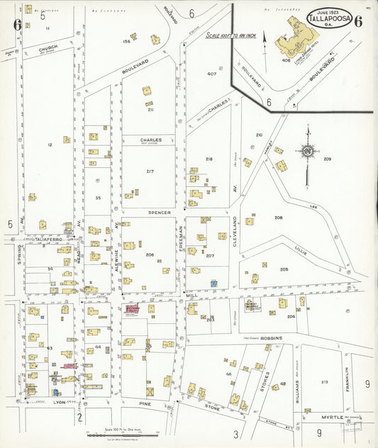 Sanborn Fire Insurance Map from Tallapoosa, Haralson County, Georgia (1923), Sheet #0006 - Historic Sanborn Fire Insurance Map Print, vintage old map wall art, antique decor, genealogy gift, Georgia Georgia map