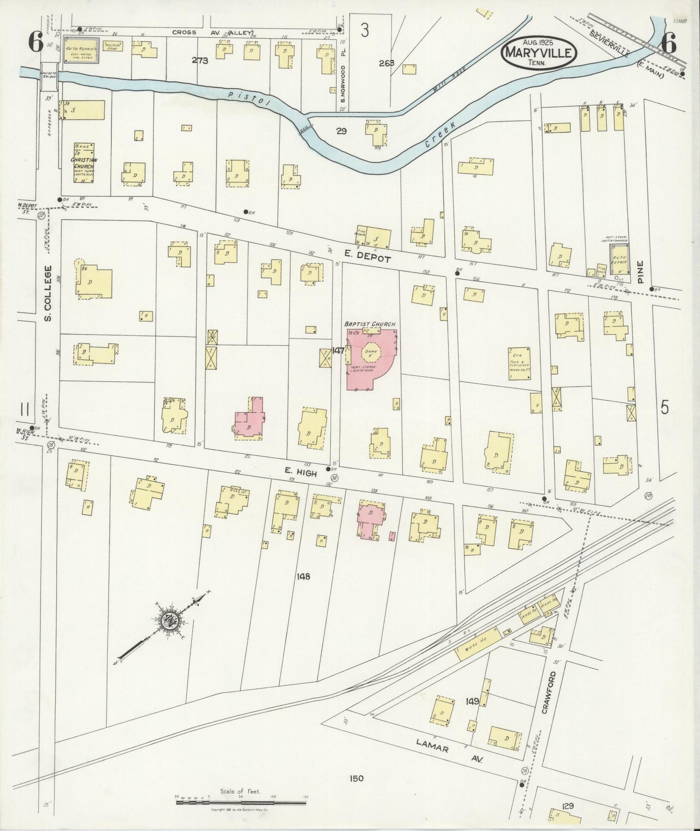 Sanborn Fire Insurance Map from Maryville, Blount County, Tennessee (1925), Sheet #0006 - Historic Sanborn Fire Insurance Map Print, vintage old map wall art, antique decor, genealogy gift, Tennessee Tennessee map