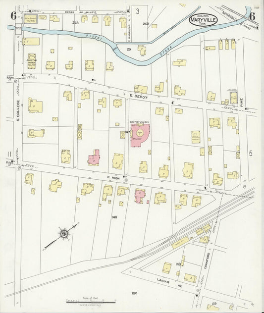 Sanborn Fire Insurance Map from Maryville, Blount County, Tennessee (1925), Sheet #0006 - Historic Sanborn Fire Insurance Map Print, vintage old map wall art, antique decor, genealogy gift, Tennessee Tennessee map