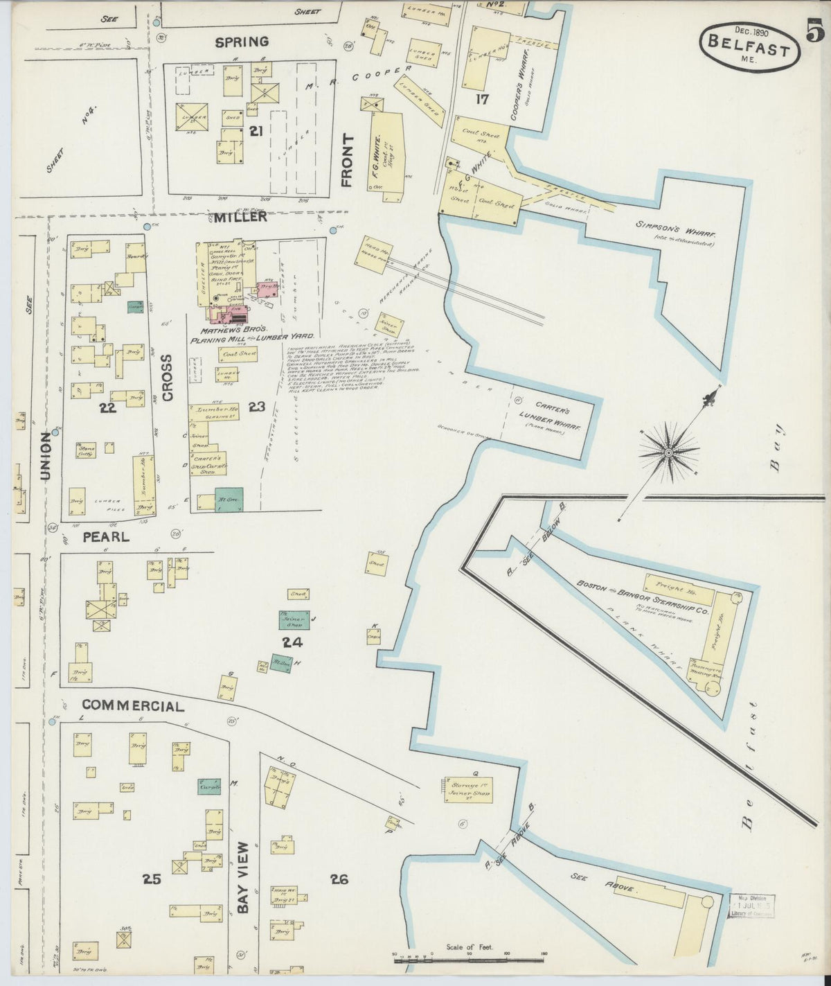 Sanborn Fire Insurance Map from Belfast, Waldo County, Maine (1890), Sheet #0005 - Historic Sanborn Fire Insurance Map Print, vintage old map wall art, antique decor, genealogy gift, Maine Maine map