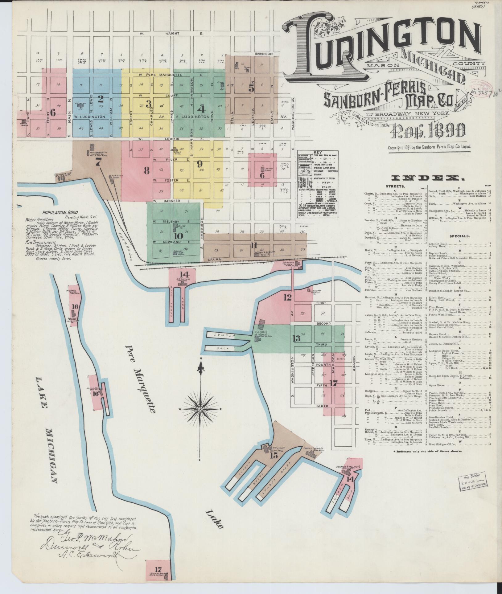 Sanborn Fire Insurance Map from Ludington, Mason County, Michigan (1890), Sheet #0001 - Complete Map Set gallery image, historic Sanborn map, vintage wall art, Michigan Michigan