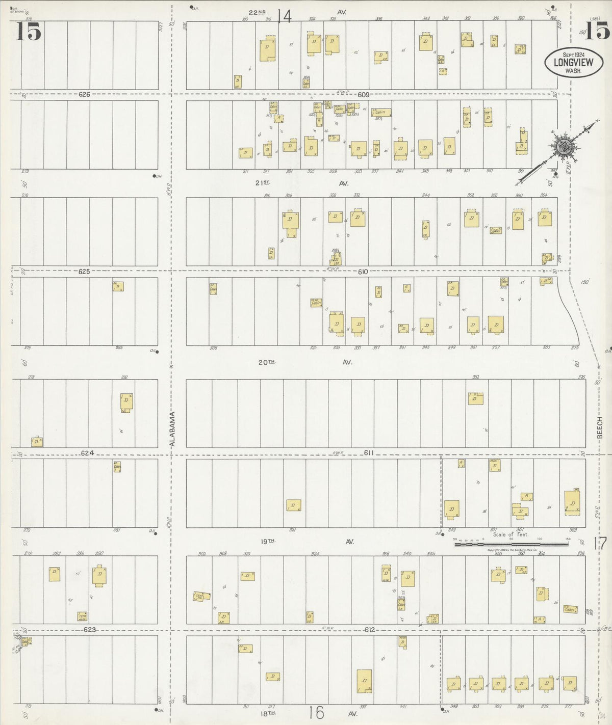 Sanborn Fire Insurance Map from Longview, Cowlitz County, Washington (1924), Sheet #0015 - Historic Sanborn Fire Insurance Map Print, vintage old map wall art, antique decor, genealogy gift, Washington Washington map