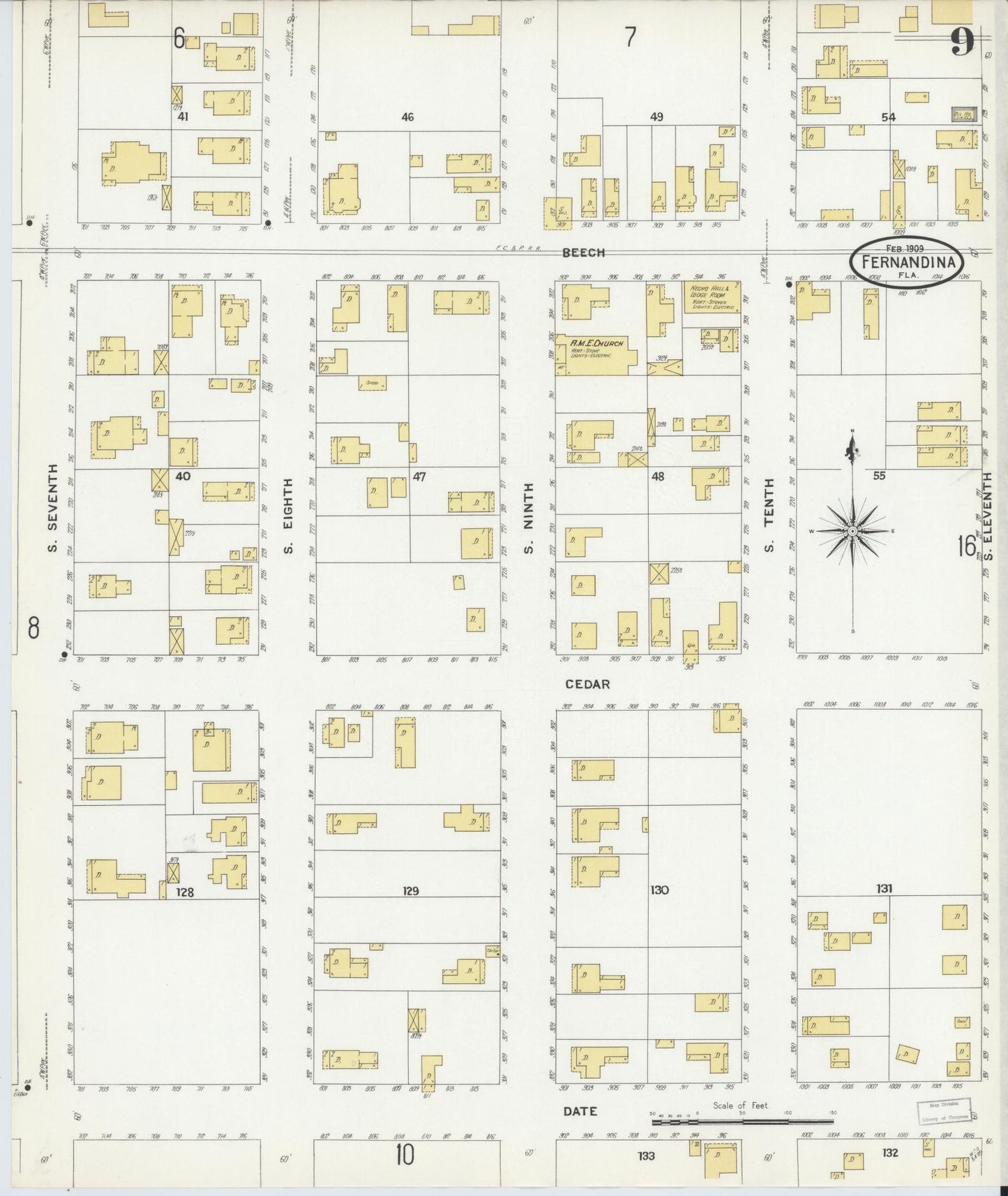 Sanborn Fire Insurance Map from Fernandina, Nassau County, Florida (1909), Sheet #0009 - Historic Sanborn Fire Insurance Map Print, vintage old map wall art, antique decor, genealogy gift, Florida Florida map