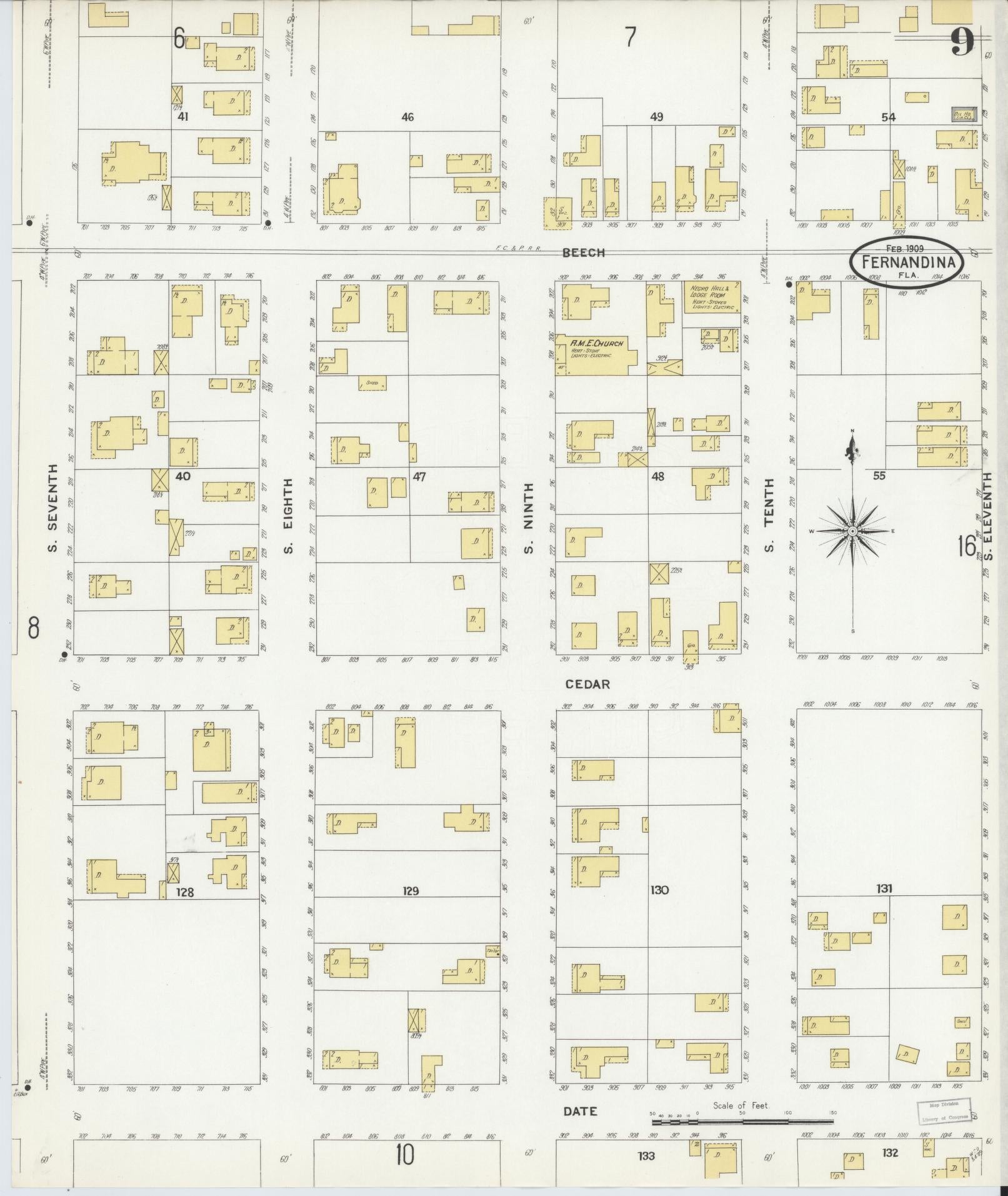 Sanborn Fire Insurance Map from Fernandina, Nassau County, Florida (1909), Sheet #0009 - Historic Sanborn Fire Insurance Map Print, vintage old map wall art, antique decor, genealogy gift, Florida Florida map