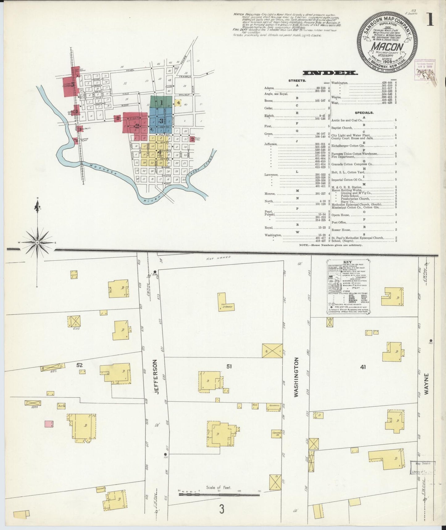 Sanborn Fire Insurance Map from Macon, Noxubee County, Mississippi (1909), Sheet #0001 - Historic Sanborn Fire Insurance Map Print, vintage old map wall art, antique decor, genealogy gift, Mississippi Mississippi map