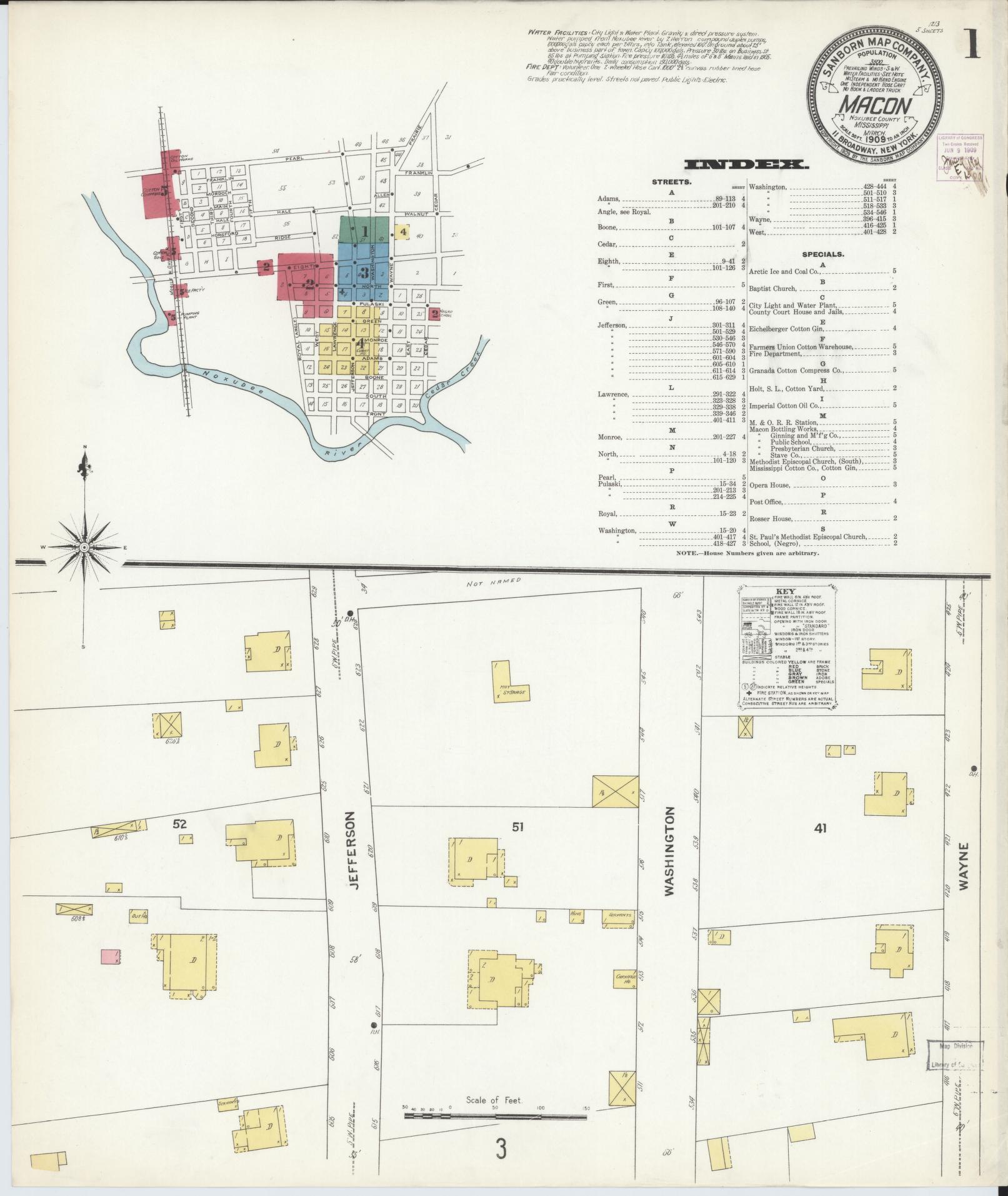 Sanborn Fire Insurance Map from Macon, Noxubee County, Mississippi (1909), Sheet #0001 - Historic Sanborn Fire Insurance Map Print, vintage old map wall art, antique decor, genealogy gift, Mississippi Mississippi map