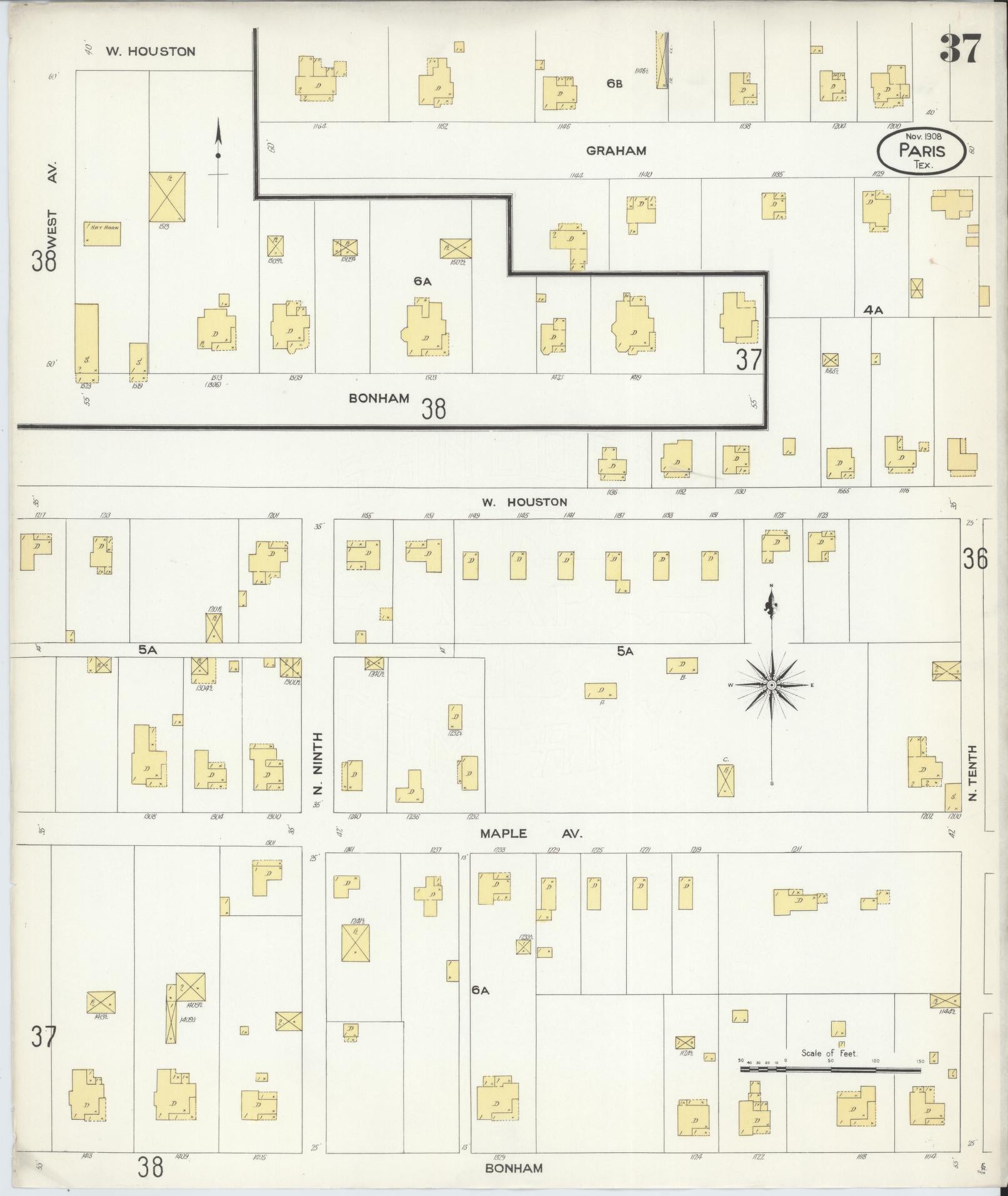 Sanborn Fire Insurance Map from Paris, Lamar County, Texas (1908), Sheet #0037 - Complete Map Set gallery image, historic Sanborn map, vintage wall art, Texas Texas