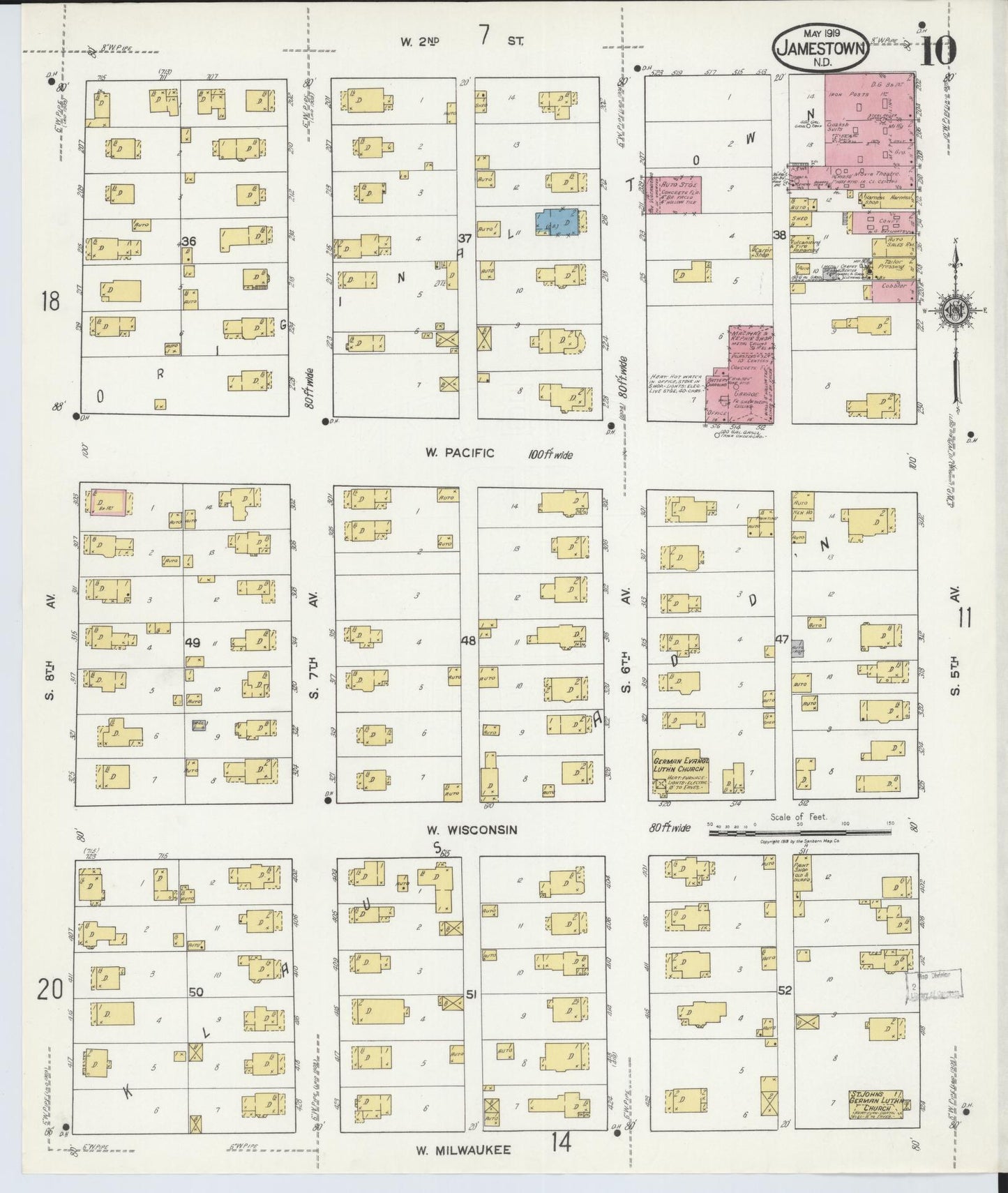 Sanborn Fire Insurance Map from Jamestown, Stutsman County, North Dakota (1919), Sheet #0010 - Complete Map Set gallery image, historic Sanborn map, vintage wall art, North Dakota North Dakota