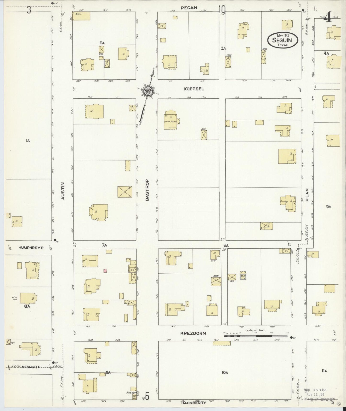 Sanborn Fire Insurance Map from Seguin, Guadalupe County, Texas (1912), Sheet #0004 - Historic Sanborn Fire Insurance Map Print, vintage old map wall art, antique decor, genealogy gift, Texas Texas map