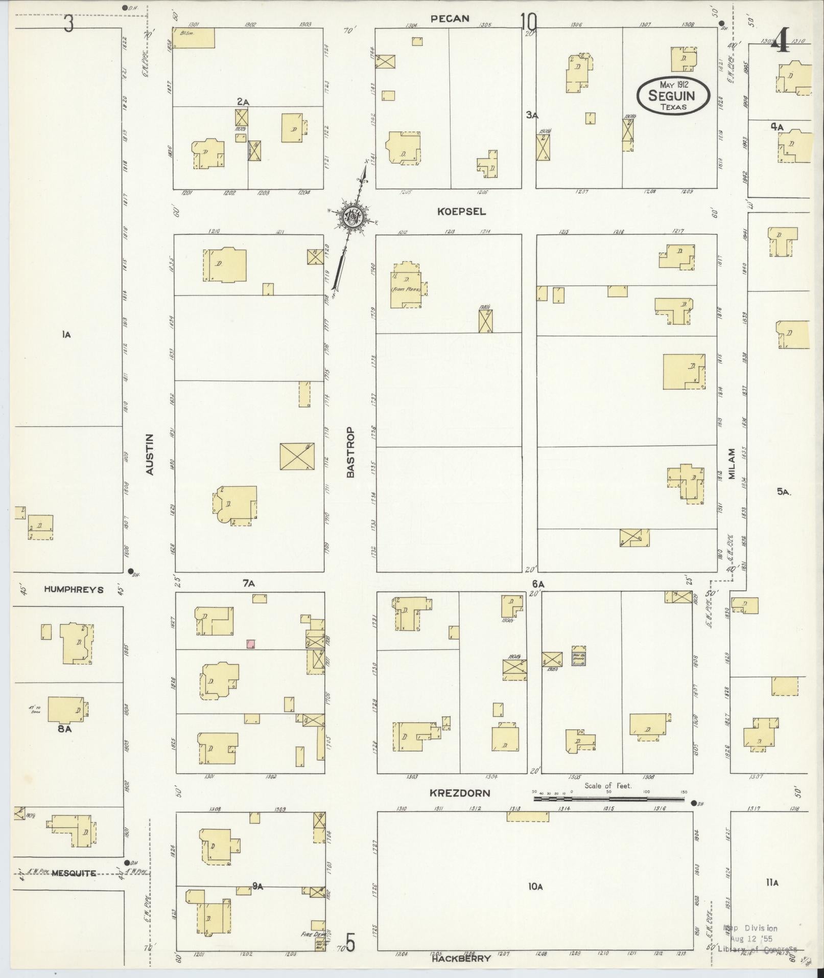 Sanborn Fire Insurance Map from Seguin, Guadalupe County, Texas (1912), Sheet #0004 - Historic Sanborn Fire Insurance Map Print, vintage old map wall art, antique decor, genealogy gift, Texas Texas map