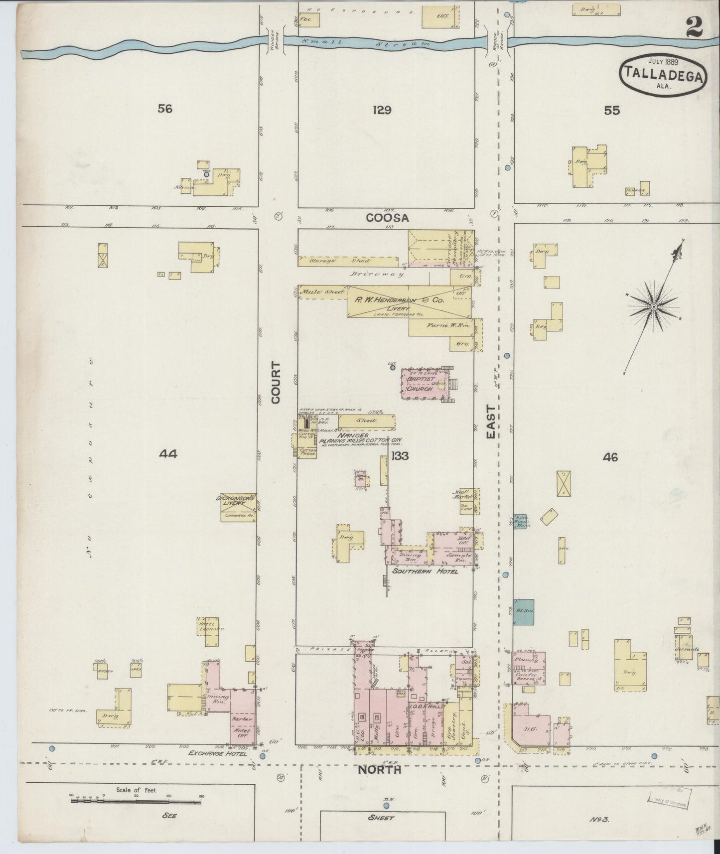 Sanborn Fire Insurance Map from Talladega, Talladega County, Alabama (1889), Sheet #0002 - Complete Map Set gallery image, historic Sanborn map, vintage wall art, Alabama Alabama
