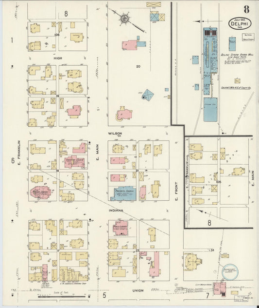 Sanborn Fire Insurance Map from Delphi, Carroll County, Indiana (1912), Sheet #0008 - Historic Sanborn Fire Insurance Map Print, vintage old map wall art, antique decor, genealogy gift, Indiana Indiana map