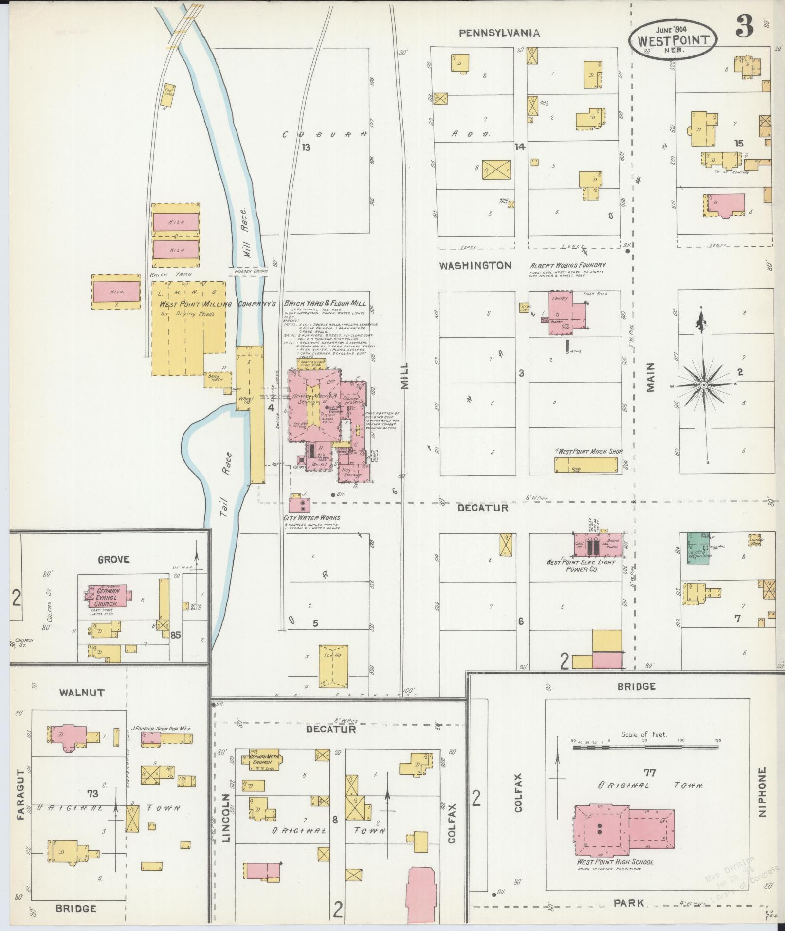 Sanborn Fire Insurance Map from West Point, Cuming County, Nebraska (1904), Sheet #0003 - Historic Sanborn Fire Insurance Map Print, vintage old map wall art, antique decor, genealogy gift, Nebraska Nebraska map
