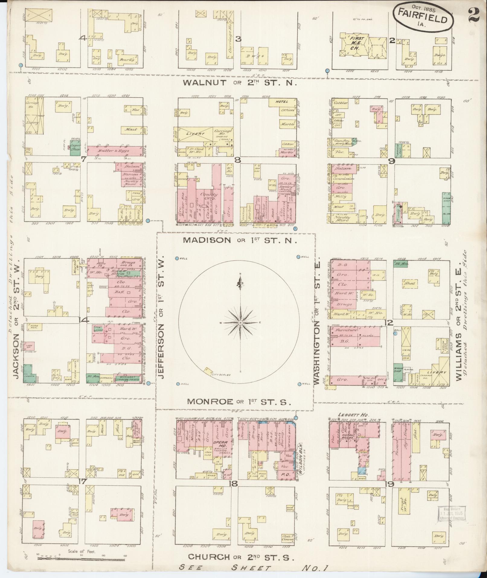 Sanborn Fire Insurance Map from Fairfield, Jefferson County, Iowa (1885), Sheet #0002 - Historic Sanborn Fire Insurance Map Print, vintage old map wall art