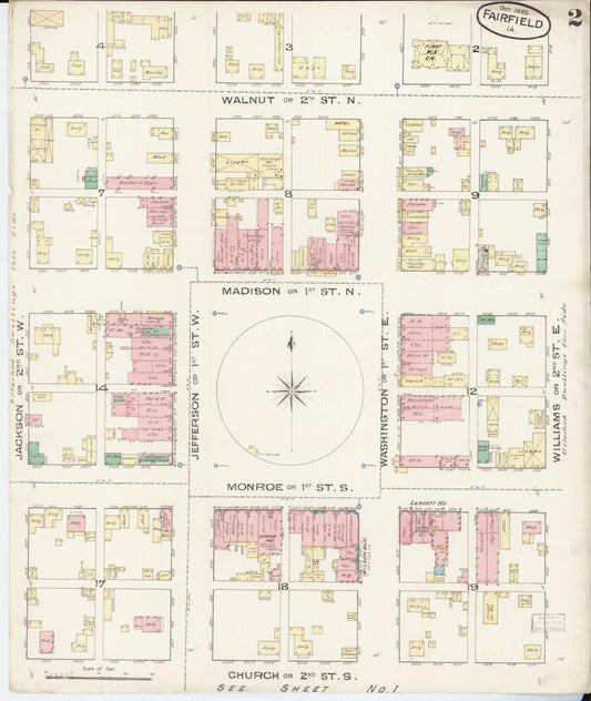 Sanborn Fire Insurance Map from Fairfield, Jefferson County, Iowa (1885), Sheet #0002 - Historic Sanborn Fire Insurance Map Print, vintage old map wall art