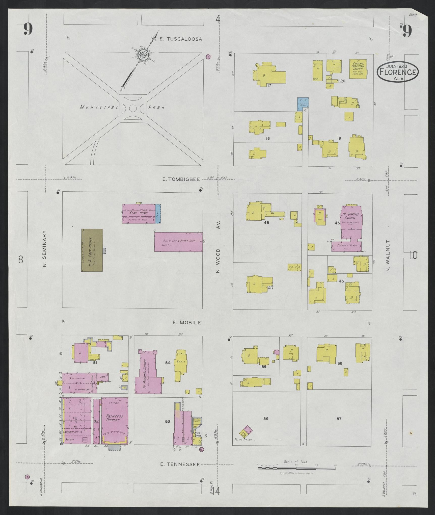 Sanborn Fire Insurance Map from Florence, Lauderdale County, Alabama (1928), Sheet #0009 - Historic Sanborn Fire Insurance Map Print, vintage old map wall art, antique decor, genealogy gift, Alabama Alabama map