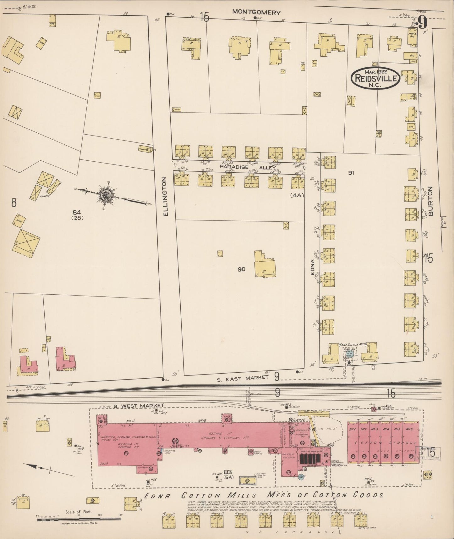 Sanborn Fire Insurance Map from Reidsville, Rockingham County, North Carolina (1922), Sheet #0009 - Complete Map Set gallery image, historic Sanborn map, vintage wall art, North Carolina North Carolina