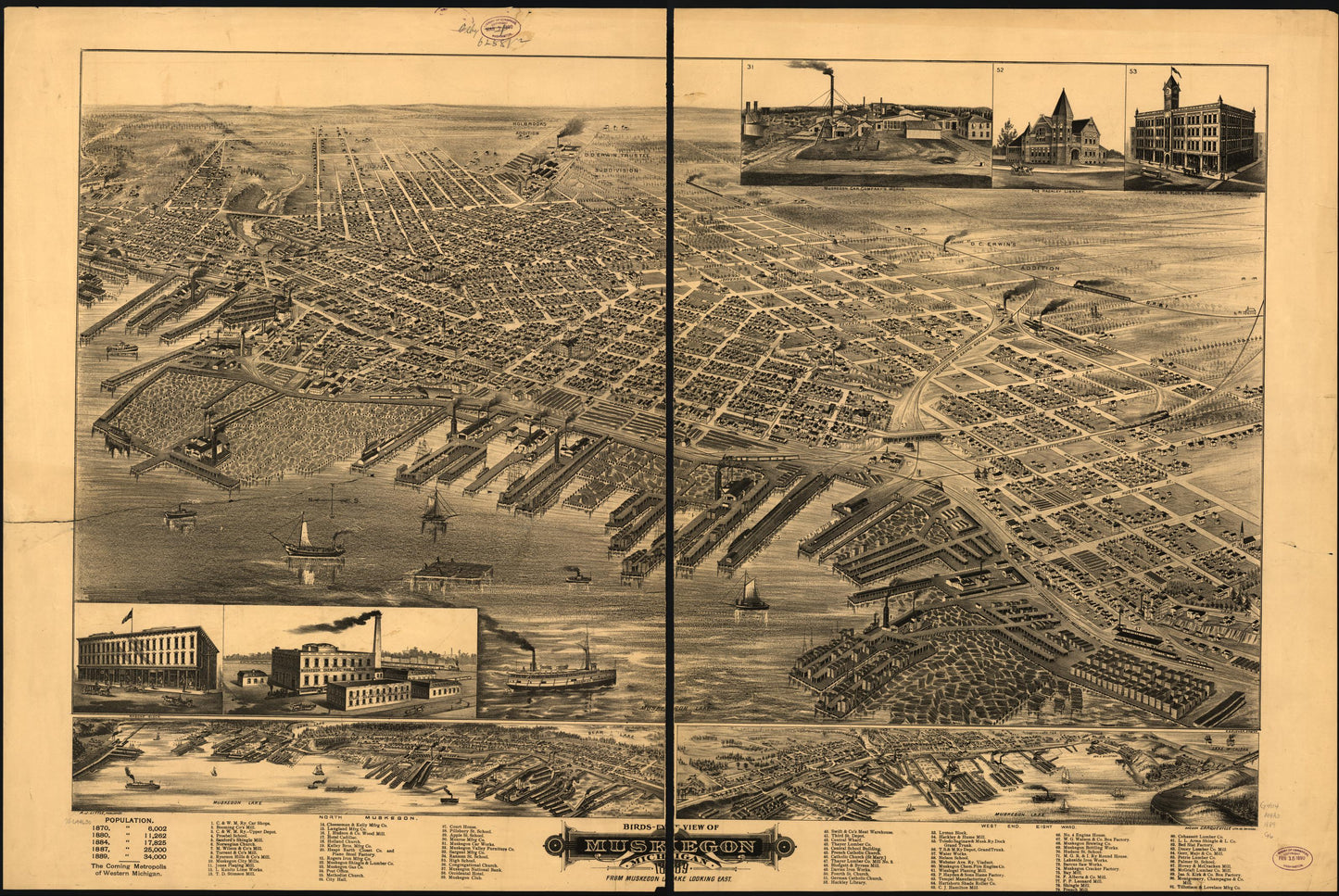 Birds-eye view of Muskegon, Michigan 1889, from Muskegon Lake looking east. (1889) – Historic Bird’s-Eye View Panorama Print