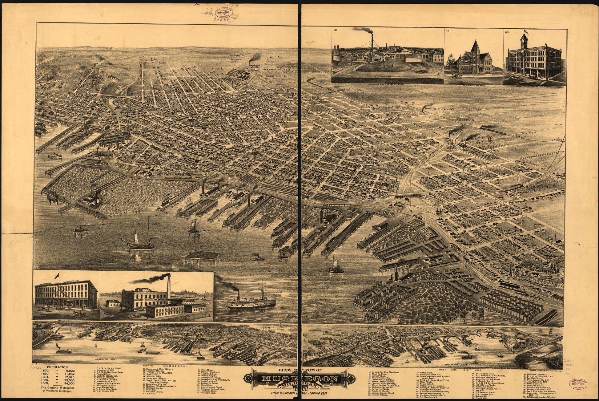 Birds-eye view of Muskegon, Michigan 1889, from Muskegon Lake looking east. (1889) – Historic Bird’s-Eye View Panorama Print