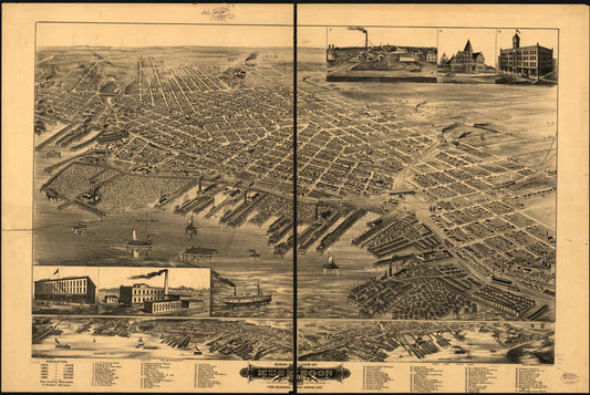 Birds-eye view of Muskegon, Michigan 1889, from Muskegon Lake looking east. (1889) – Historic Bird’s-Eye View Panorama Print