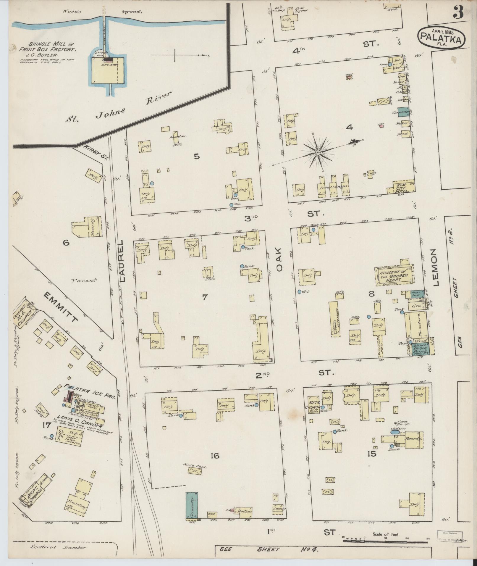 Sanborn Fire Insurance Map from Palatka, Putnam County, Florida (1885), Sheet #0003 - Complete Map Set gallery image, historic Sanborn map, vintage wall art, Florida Florida