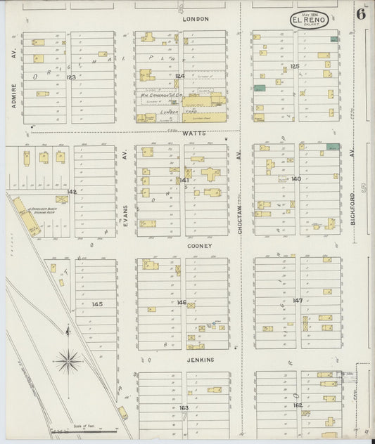 Sanborn Fire Insurance Map from El Reno, Canadian County, Oklahoma (1894), Sheet #0006 - Historic Sanborn Fire Insurance Map Print, vintage old map wall art, antique decor, genealogy gift, Oklahoma Oklahoma map