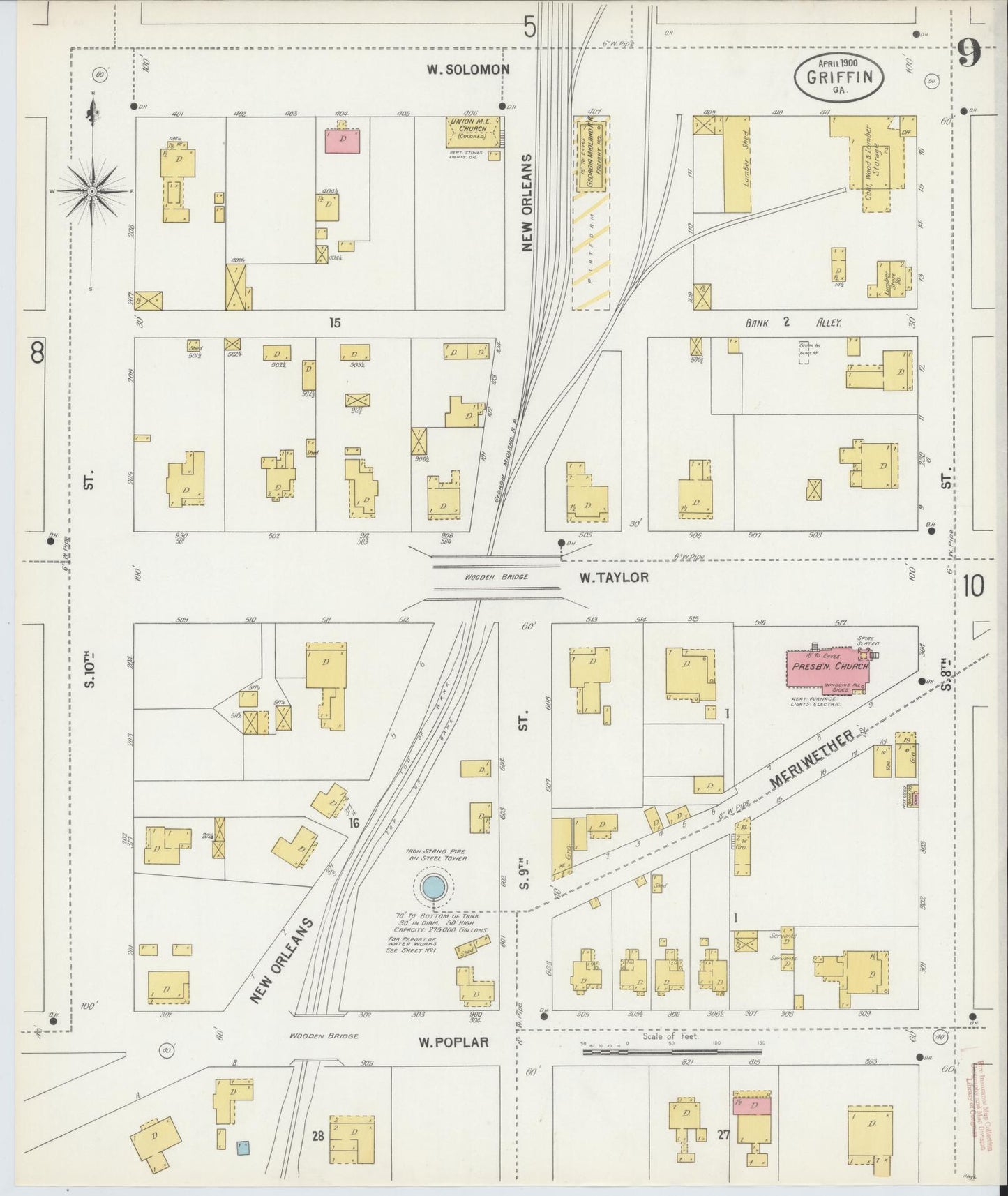 Sanborn Fire Insurance Map from Griffin, Spalding County, Georgia (1900), Sheet #0009 - Complete Map Set gallery image, historic Sanborn map, vintage wall art, Georgia Georgia