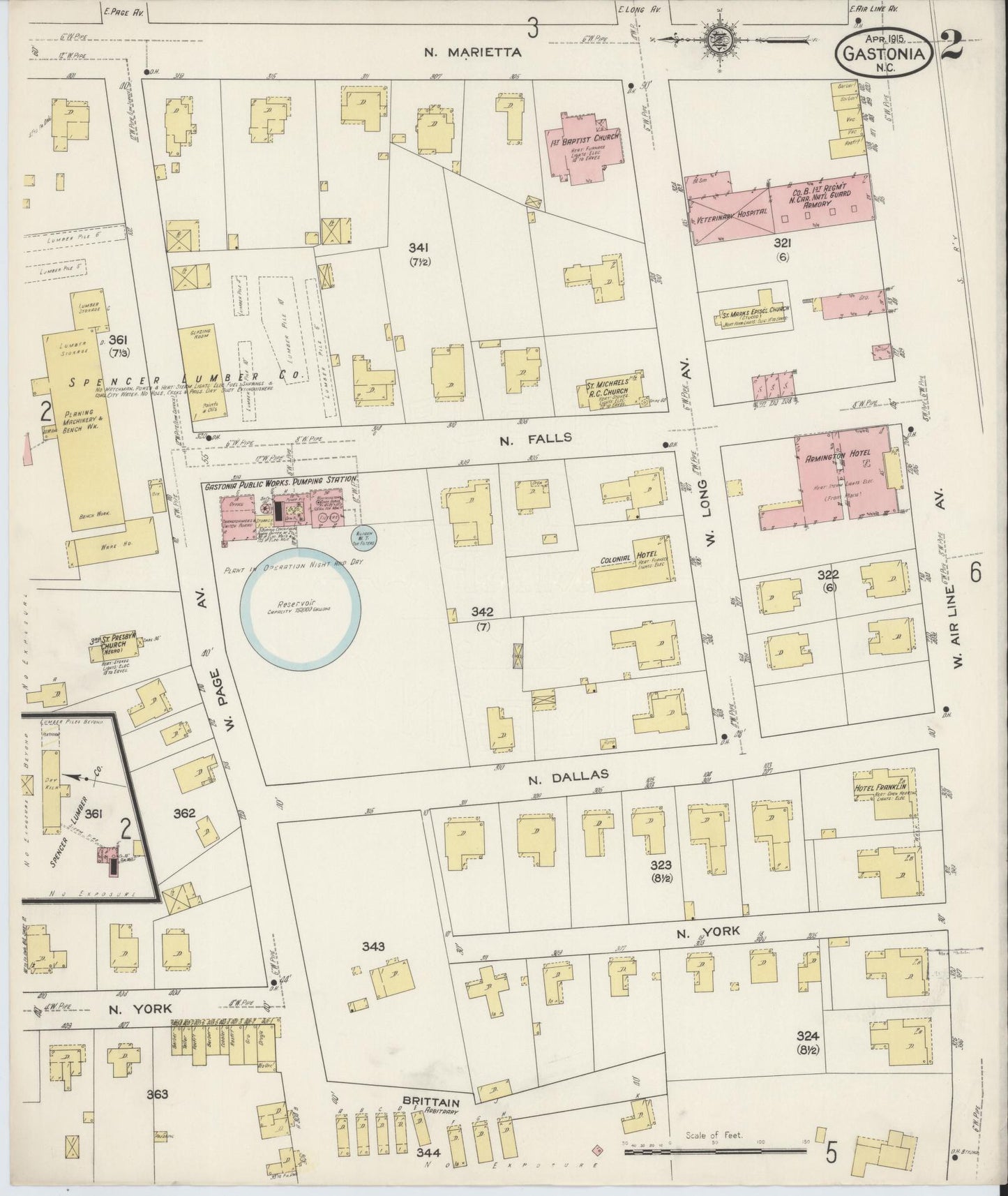 Sanborn Fire Insurance Map from Gastonia, Gaston County, North Carolina (1915), Sheet #0002 - Historic Sanborn Fire Insurance Map Print, vintage old map wall art, antique decor, genealogy gift, North Carolina North Carolina map